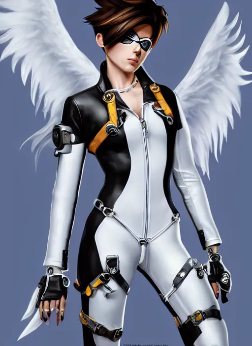 Prompt: portrait artwork of tracer overwatch, wearing white latex and leather straps catsuit outfit, in style of mark arian, angel wings, dramatic painting, wearing detailed leather collar, chains, black harness, detailed face and eyes,