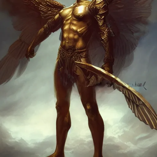 Prompt: full body shot of a male god with wings on his shoulder, highly detailed, by raymond swanland and peter mohrbacher, face by odd nerdrum, character concept art, hyperrealistic, digital paint, rule of third, fantasy, elegant, matte, 4 k, cinematic lighting