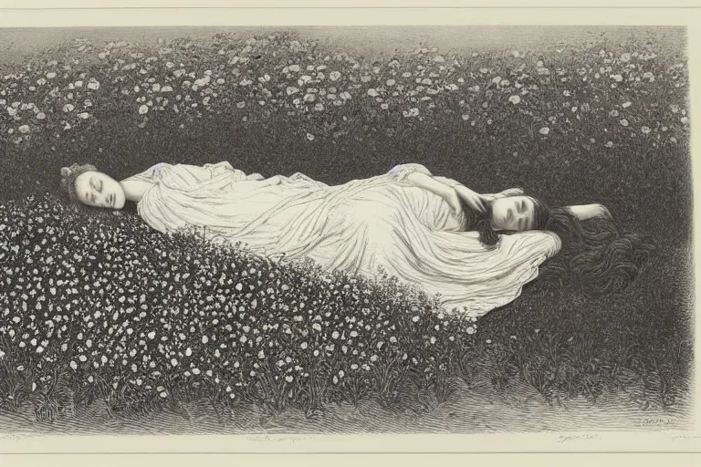 Image similar to black and white, young french woman sleeping in the flower field, top view, Gustave Dore lithography