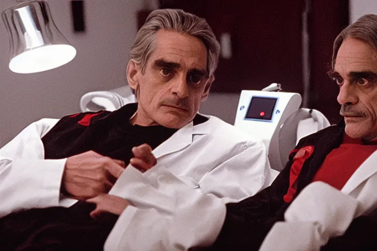 Prompt: a scene from the movie dead ringers with jeremy irons, cinematic lighting, black and red contrast, medical equipment