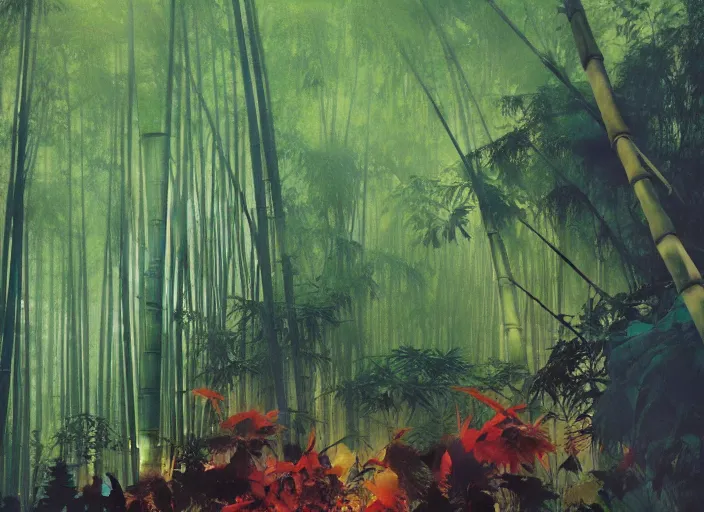 Image similar to bamboo forest, intricate, elegant, highly detailed, vivid colors, john harris, frazetta, tyrus wong, ruan jia, jeffrey catherine jones