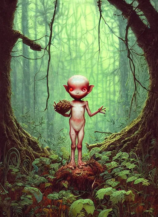 Image similar to cute alien in the woods by a river gorgeous lighting, lush forest foliage blue sky a hyper realistic painting by chiara bautista and beksinski and norman rockwell and greg rutkowski, tom bagshaw weta studio, and lucasfilm