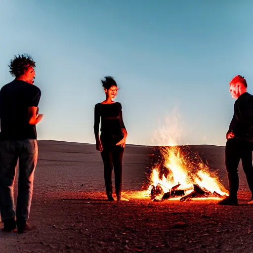 Image similar to atmospheric photograph of three fully clothed ravers, two men, one woman, photographed from behind, talking around a fire, photorealistic, dancefloor kismet, diverse costumes, clean composition, desert transition area, bonfire, night, australian desert, xf iq 4, symmetry, sony a 7 r, 1 5 0 mp, 5 0 mm