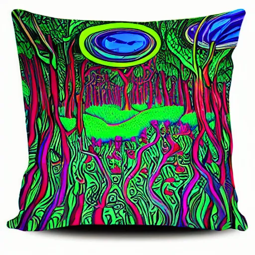 Image similar to psychedelic trippy cartoon couch in the deep dark forest