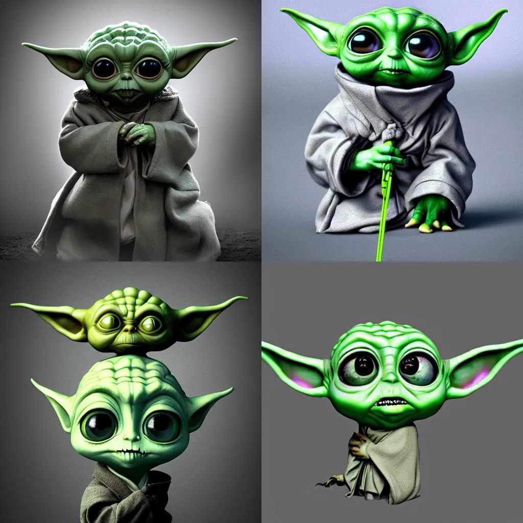 Prompt: Baby Yoda in style of Tim Burton, Tim Burton style, wide shot, big eyes, creepy, dark background, zbrush, hyper realistic, Unreal Engine 5, Artstation