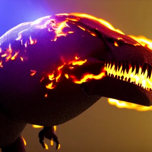 Prompt: an alien t-rex bursting out flames from its mouth in an unknown planet, octane render, bokeh, coherent, 3D