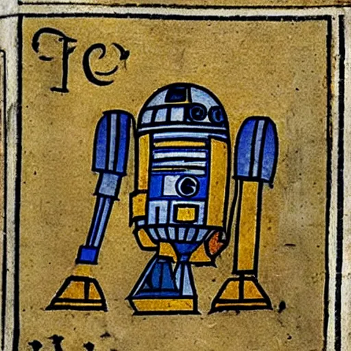 Prompt: a r 2 d 2 in a medieval manuscript, medieval manuscript, golden miniatures