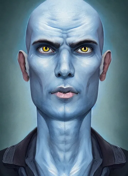 Prompt: head-on symmetrical centered painted portrait, a smiling bald and clean shaven with smooth skin androgynous man with completely blue skin in his twenties as a D&D wizard, fantasy, intricate, elegant, highly detailed, digital painting, smooth, sharp focus, illustration, artstation, in the style of Artgerm and Anna Podedworna and Charlie Bowater and Michael Garmash