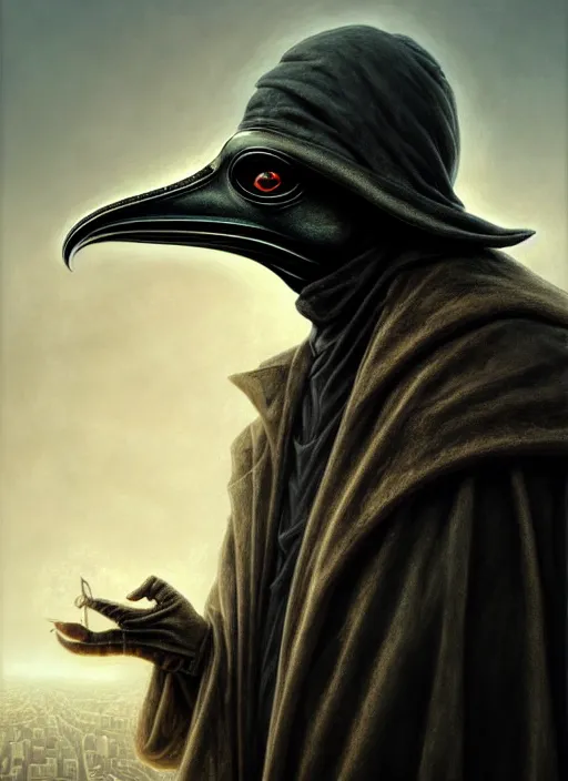 Prompt: closeup portrait shot of a plague doctor in a scenic dystopian environment, intricate, elegant, highly detailed, centered, digital painting, artstation, concept art, smooth, sharp focus, illustration, artgerm, tomasz alen kopera, peter mohrbacher, donato giancola, joseph christian leyendecker, wlop, boris vallejo