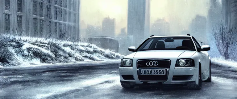 Image similar to Audi A4 B6 Avant (2002), a post apocalyptic, dramatic lighting, cinematic, establishing shot, extremly high detail, photorealistic, cinematic lighting, artstation, style by greg rutkowsky, Max Payne (2003) winter New York landscape