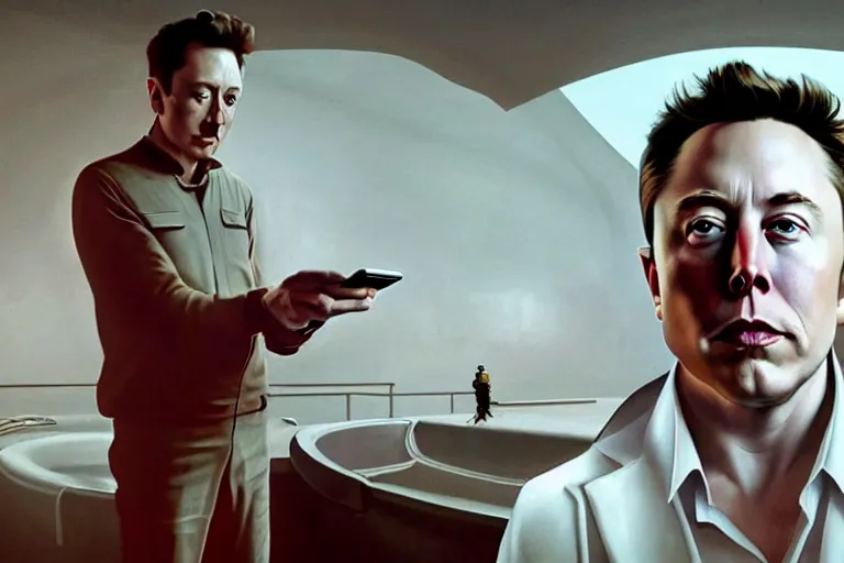 Image similar to hyperrealism aesthetic ridley scott and caravaggio and denis villeneuve style photography of a detailed giant elon musk, siting on a detailed ultra huge toilet and scrolling his smartphone in hyperrealism scene from detailed art house movie in style of alejandro jodorowsky and wes anderson