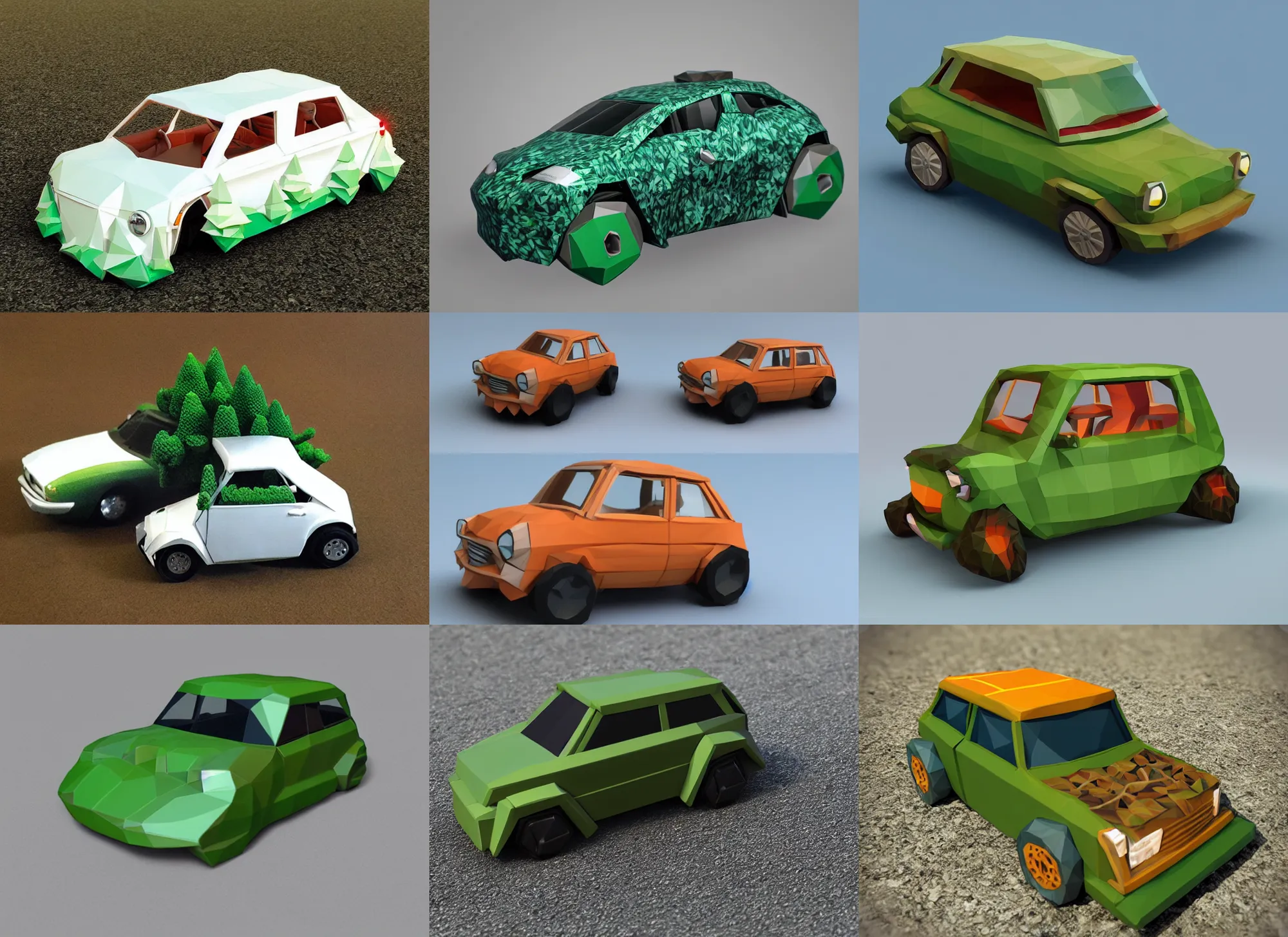 Prompt: realistic lowpoly miniature forestpunk car