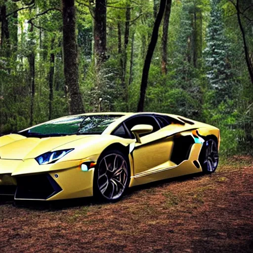 Image similar to lamborghini aventador abandoned in the middle of a forest by the lake