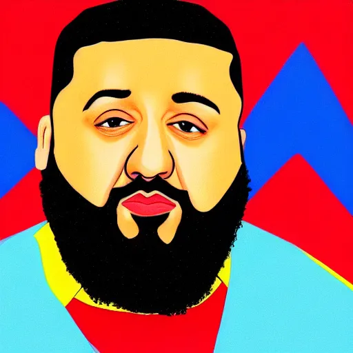 Image similar to ultra realistic portrait of dj khaled in a studio, ultra detailed, under blue, red and yellow cinematic lighting, by van gogh, cartoon, monument valley, escher