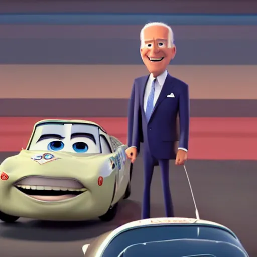 Prompt: cinematic film still of joe biden in the movie cars by pixar