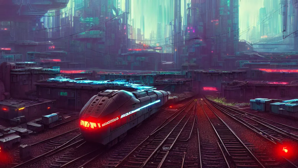 Prompt: cyberpunk armored locomotive on railroad through cyberpunk industrial site. cyberpunk factories. cyberpunk kowloon city. rail tracks. cyberpunk industrial area. Digital render. digital painting. Beeple. Noah Bradley. Cyril Roland. Ross Tran. trending on artstation.