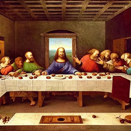 Image similar to A renaissance painting by Leonardo da Vinci that looks like The Last Supper, of a long table, but every character is a baby and the only type of food on the table is milk. There are many bottles of milk on the table. Detailed, realistic, artstation, symmetrical composition