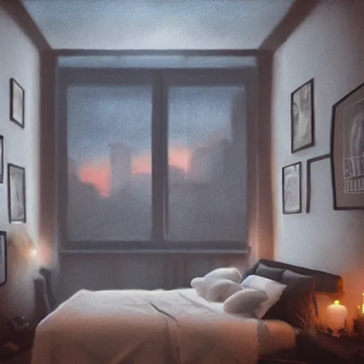 Prompt: cozy rustic bedroom that is dimly lit with a night view of new york in heavy mist, highly detailed, artstation, concept art