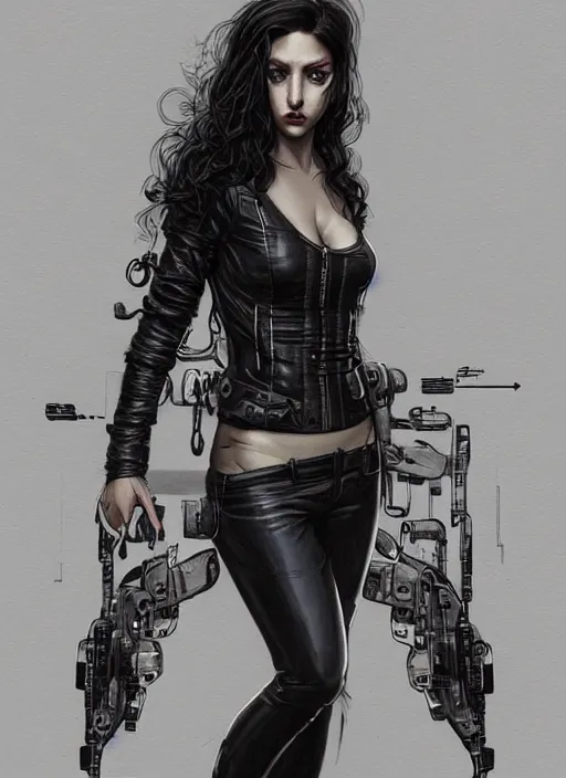 Image similar to girl in cyberpunk! top and gray and black! leather jacket, open belly, long dark curly hair, high waist jeans, intricate, elegant, highly detailed, digital painting, artstation, concept art, smooth, illustration, art by artgerm and greg rutkowski and alphonse mucha