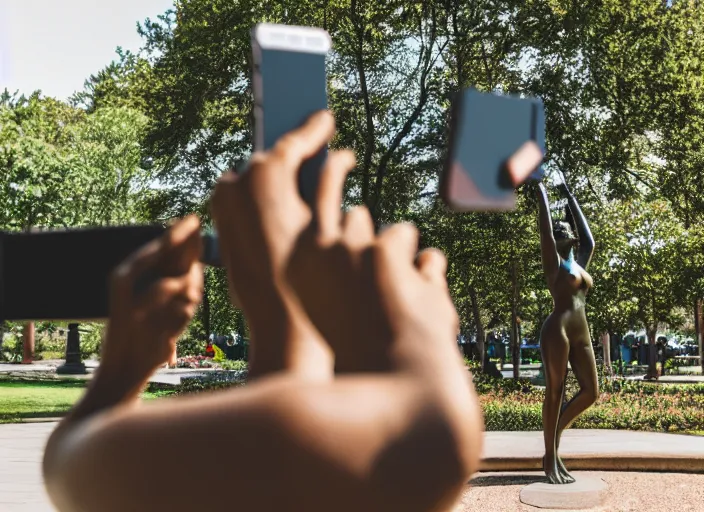 Image similar to photo still of a bronze statue of a woman using an iphone to take a selfie in a park on a bright sunny day, 8 k 8 5 mm f 1 6