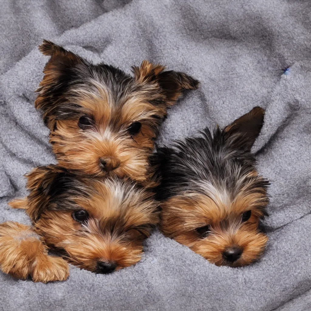 Prompt: digital painting of a cute adorable yorkie puppy sleeping on a soft blanket