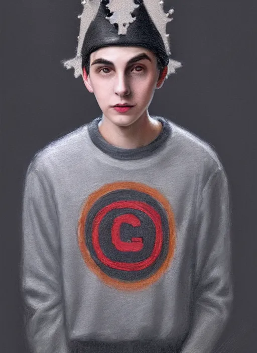 Image similar to portrait of teenage jughead jones wearing a light grey crown, photorealistic, crown, eyes closed, crown, black hair, sweater with letter s on it, letter s, intricate, elegant, glowing lights, highly detailed, digital painting, artstation, concept art, smooth, sharp focus, illustration, art by wlop, mars ravelo and greg rutkowski