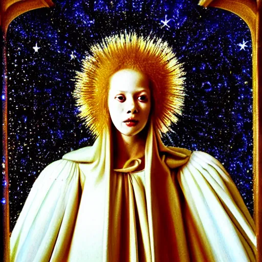 Prompt: highdetailed hyperrealistic of white angel in the hood!!! giant ball of miracle light from the chest!!!!!, white sparkles everywhere, lot of fire and stars overhead!!!, by jan van eyck, holography space, glow effect, large strokes, clean lines, white mono color, oil painting