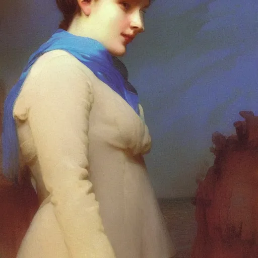 Prompt: a young woman's face, her hair is white and she wears an azure blue satin cloak, by ivan aivazovsky and syd mead and moebius and gaston bussiere and roger dean and pieter claesz and paul delaroche and alma tadema and aelbert cuyp and willem claesz, hyperrealistic, volumetric light, octane render