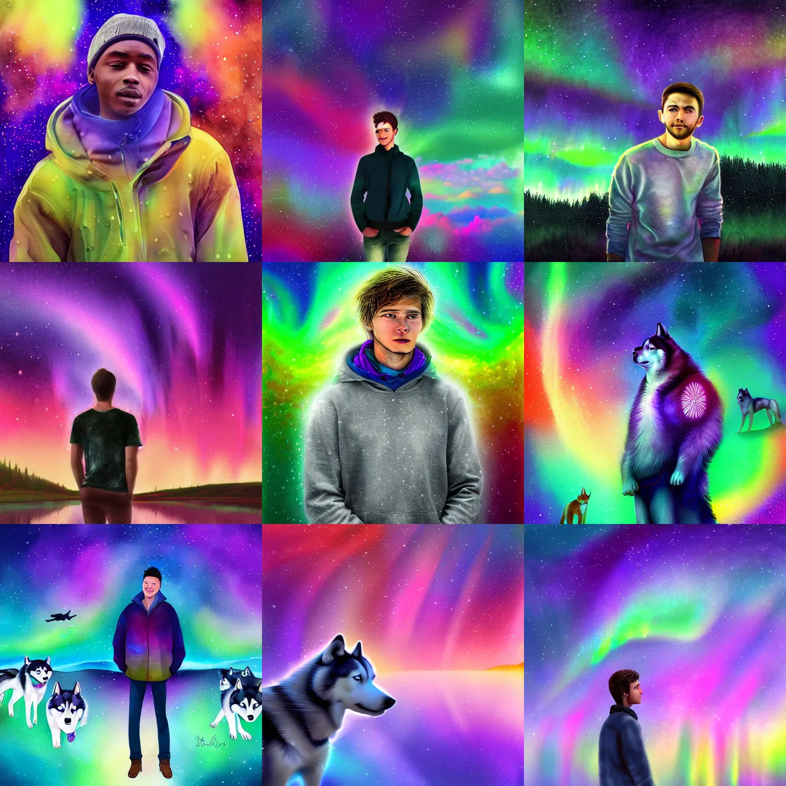 Prompt: young man surrounded by an aura of emotions with huskies floating above him, rich iridescent colors, digital art, very detailed, watercolor, aurora borealis, 4 k hd