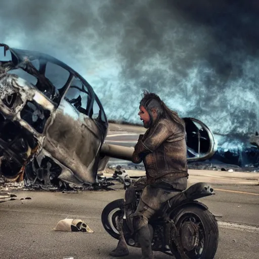 Image similar to post apocalyptic, biker with helmet in front of crashed airplane burning, photorealistic, highly detailed