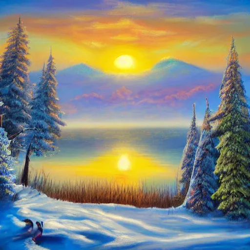 Prompt: High quality fantasylike painting of sun setting over the lake in winter surrounded by nature