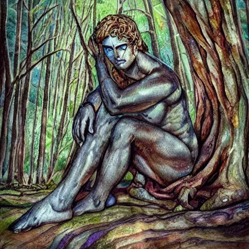Image similar to greek gods in forest, three eyed, wide wide shot, dry, in water, colors, eye in forehead, pins, very detailed, wet eyes reflecting into eyes reflecting into infinity, beautiful lighting