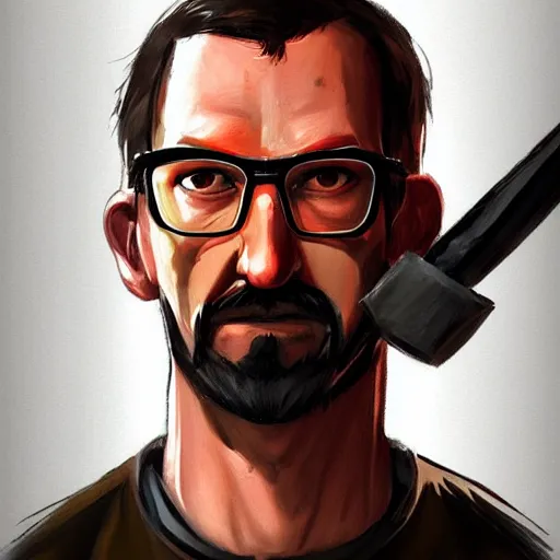 Prompt: A beautiful illustration and portrait of gordon freeman holding a crowbar, concept art, trending on artstation