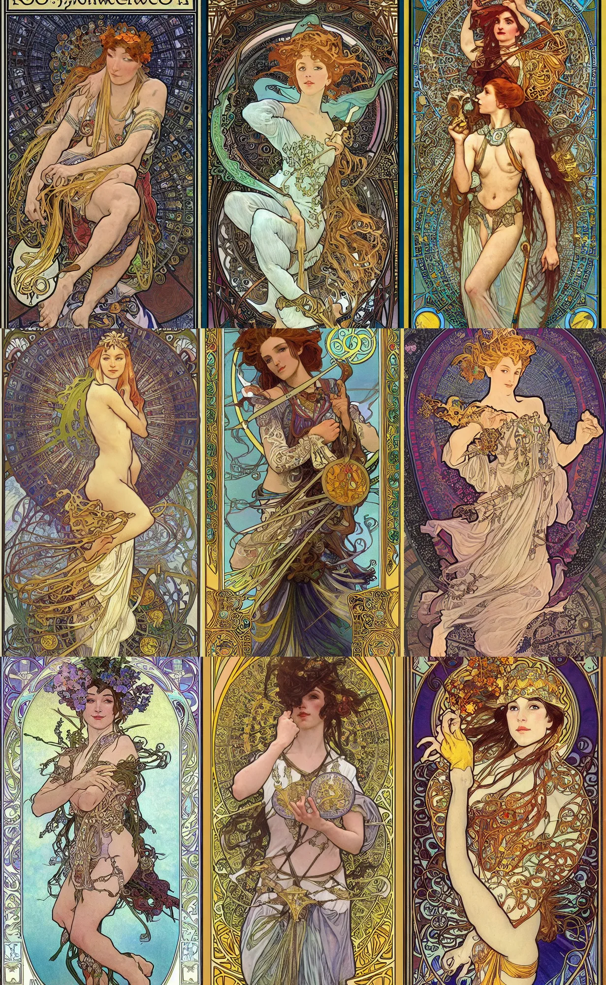 Prompt: the fool from the riderwaite tarot deck, fantasy, whimsical, art by alphonse mucha and pamela colman smith and artgerm, intricately detailed, highly detailed, trending on artstation