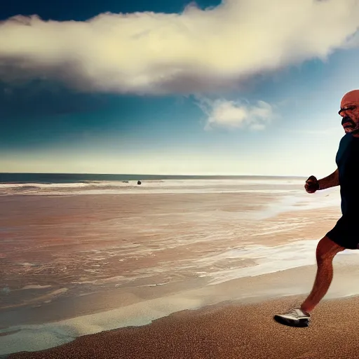 Image similar to Walter White running on the beach, artistic, 8k, cinematic, accurate, symetric, face, dramatic lighting, pastel colours