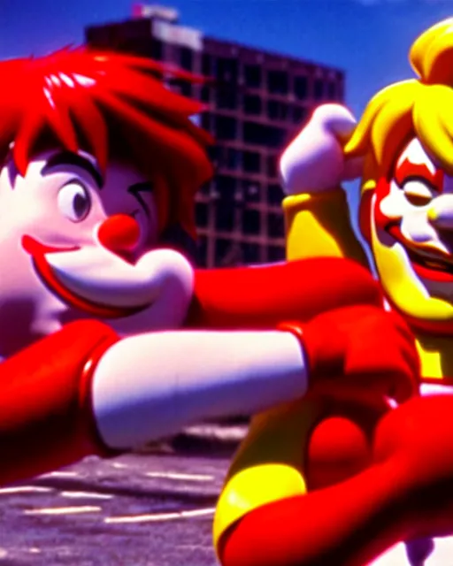 Image similar to wendy's mascot wendy thomas fights ronald mcdonald, movie still, from the movie street fighter, 8 k, realistic