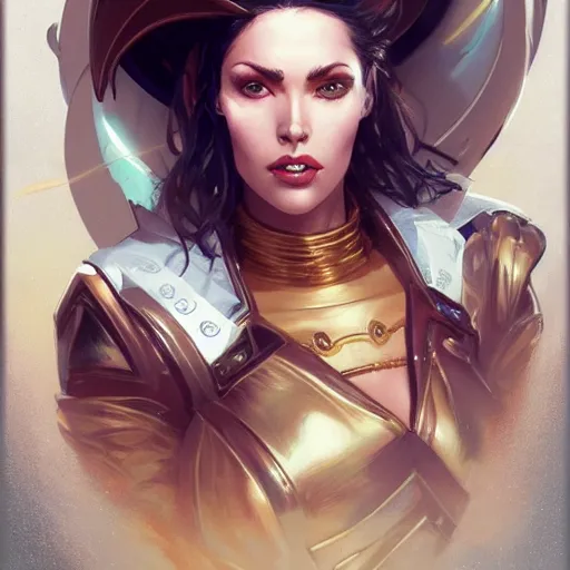 Prompt: Portrait of a stylish female pirate space captain, dark hair, golden eyes, delicate features, teasing smile, artstation, graphic novel, art by stanley artgerm and greg rutkowski and peter mohrbacher,