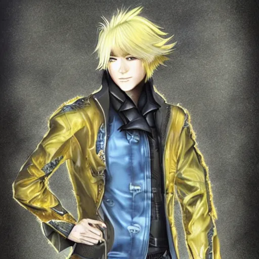 Image similar to elven male, shaggy blonde hair. Wearing modern yellow leather jacket and blue camouflage pants. Modern, concept art, Akikazu Mizuno, phantasy star online, anime