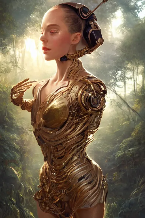 Prompt: stunningly beautiful, cyborg prima ballerina in jungle, symmetrical face, golden hour, smooth, focus, highly detailed, hyper realistic, dramatic lighting, elegant, intricate, concept art, art by wlop, mars ravelo, greg rutowski, artstation