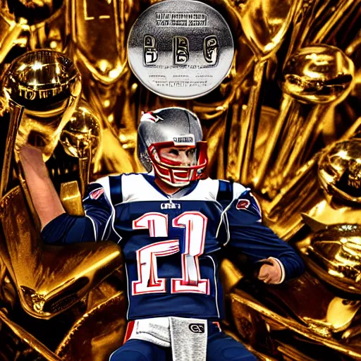 Prompt: Tom Brady sitting on a throne of Lombardi trophies, highly detailed digital art