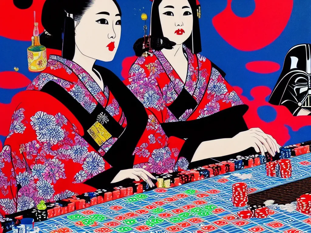 Image similar to hyperrealistic composition of the detailed woman in a japanese kimono sitting at a extremely detailed poker table with detailed darth vader, fireworks, mount fuji on the background, pop - art style, jacky tsai style, andy warhol style, acrylic on canvas