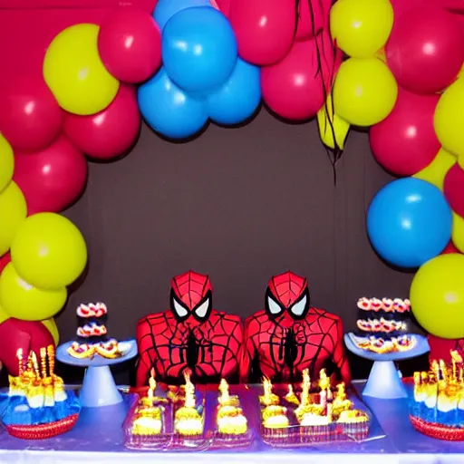 Prompt: spidermen at a birthday party