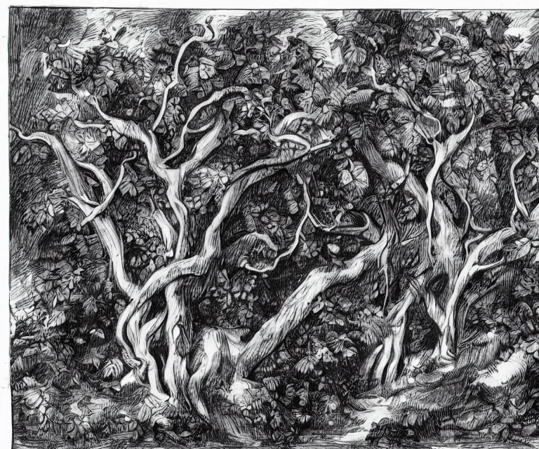 Image similar to drawing of black vines, black roses, black thorns, old statues