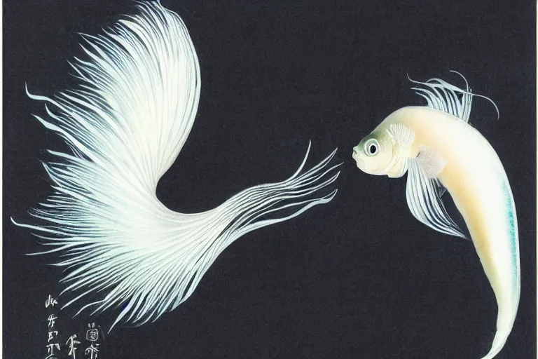 Image similar to a graceful iridescent white betta fish with long swirling fins, black-water-background, traditional Chinese painting