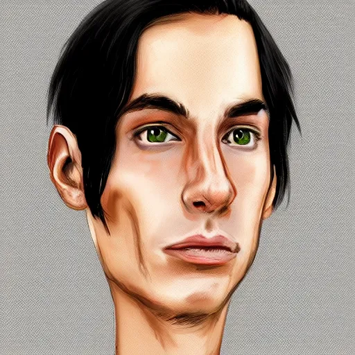 Prompt: a digital portrait of a 27 year old with black hair,hazel green eyes, drawn in the style of mark Arian