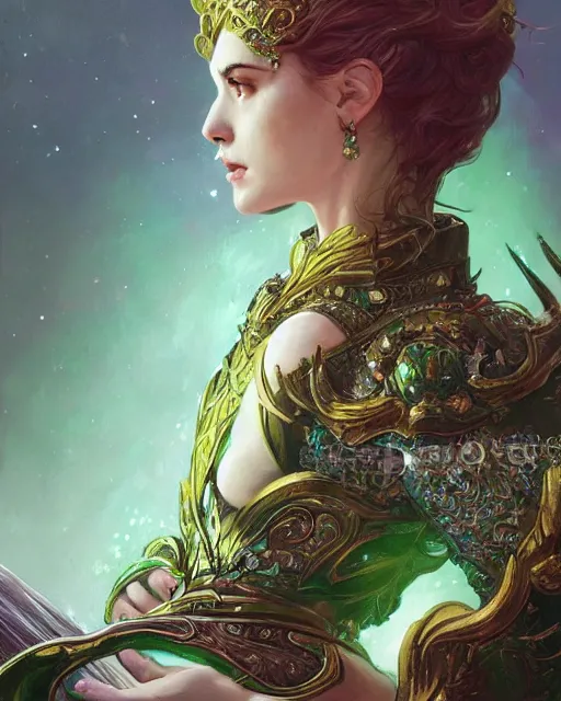 Image similar to Portrait of a Fantasy emerald knight, moonlit, HD, illustration, epic, D&D, fantasy, intricate, elegant, highly detailed, digital painting, artstation, concept art, smooth, sharp focus, illustration, art by artgerm and greg rutkowski and alphonse mucha, monster hunter illustrations art book