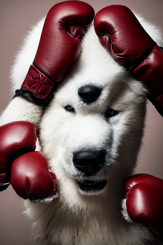 Image similar to samoyed dog head on a human body as a muay thai kickboxer, gloves on hands, cinematic