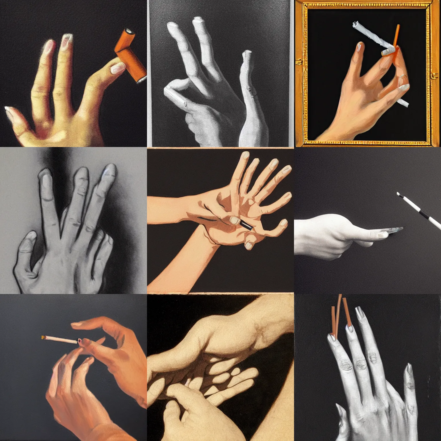 Prompt: structure of one lady's hand with cigarette on black background. Five thumbs. Painting 1882