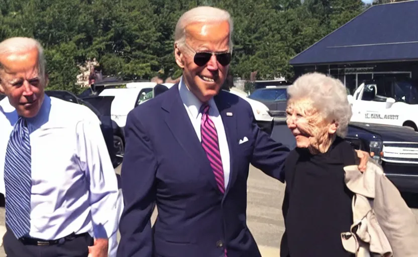 Image similar to low quality footage of joe biden slapping my grandma and running away, back camera, walmart parking lot, camera flash is so bright, uncomfortable, viral, leaked footage, viral on twitter, viral on instagram, viral photo