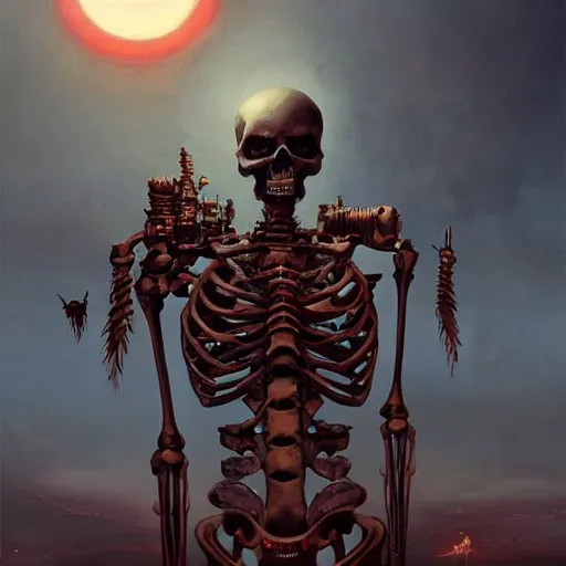 Prompt: steampunk skeleton with glowing red eyes , backlight sunset artstation bery detailed complex intricate oil painting by greg rutkowski beksinski